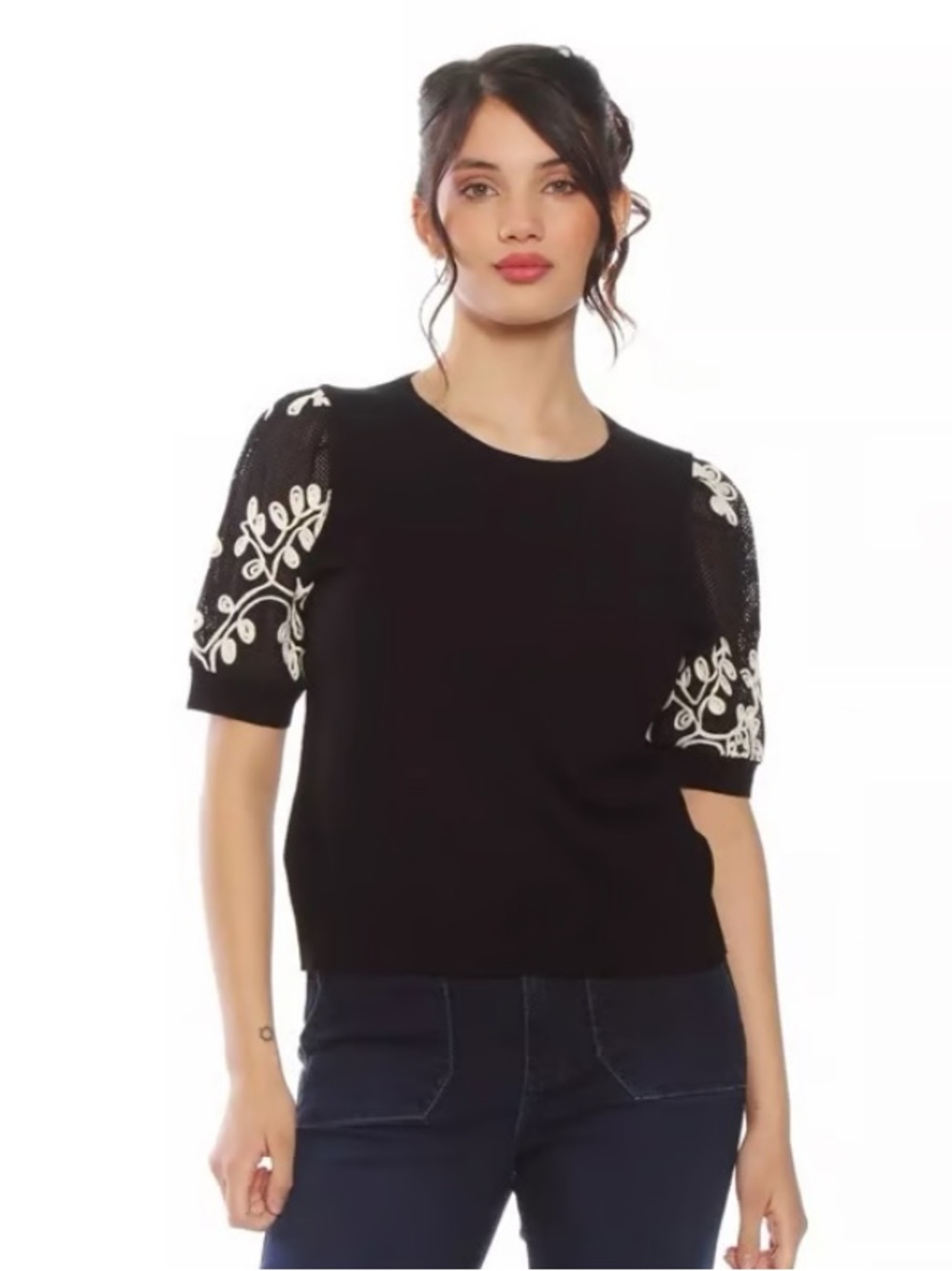 Sioni Black Scoop Neck Sweater with Cream Embroidered Puff Sleeves